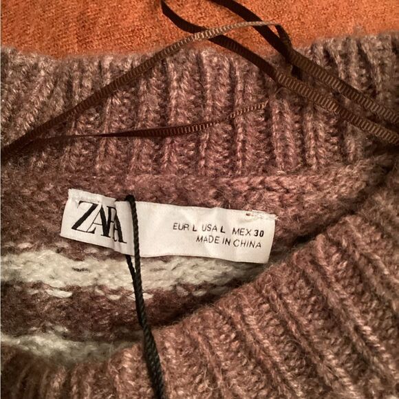 ZARA LARGE NWOT BROWN AND IVORY STRIPED CHUNKY KNIT BOYFRIEND SLOUCHY SWEATER - Picture 7 of 8